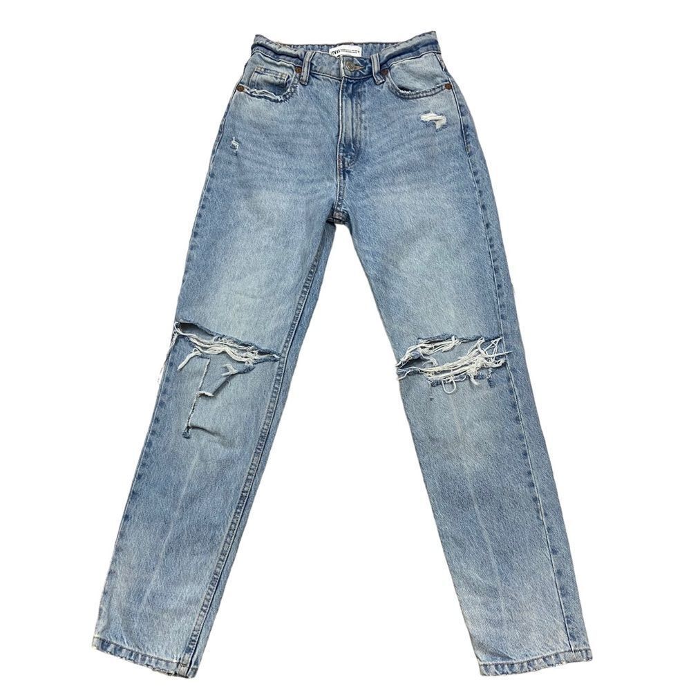 Zara Brand Ladies High Rise Straight Leg Distressed Jeans Size‎ 0